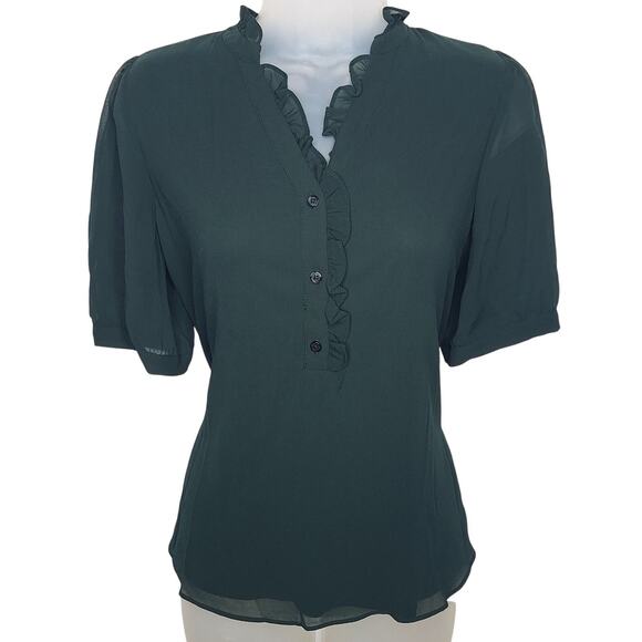 Adrianna Papell Ruffle Blouse Small Forest Career Academia 40s Office Siren - Picture 1 of 13